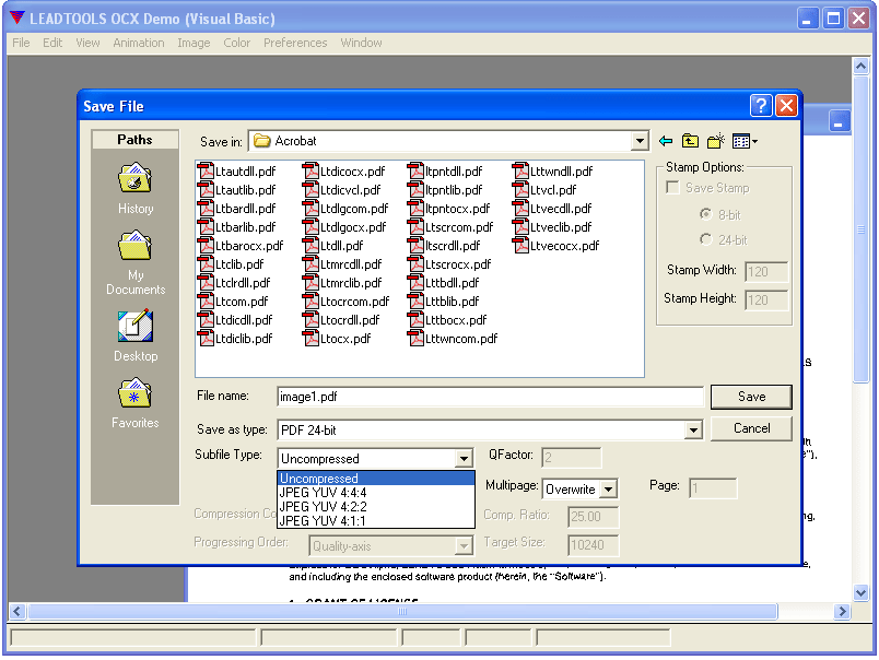 24-bit PDF Compression (write)JPEG Compression to 24-bit PDF documents, select from YUV 4:4:4, 4:2:2, or 4:1:1 compression types.