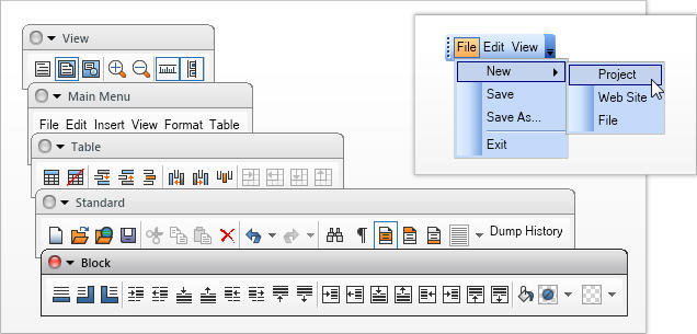 Command BarsNOV implements advanced command bars that mimic the commanding logic of Microsoft Office 2003, Visual Studio etc. NOV command bars can contain any o