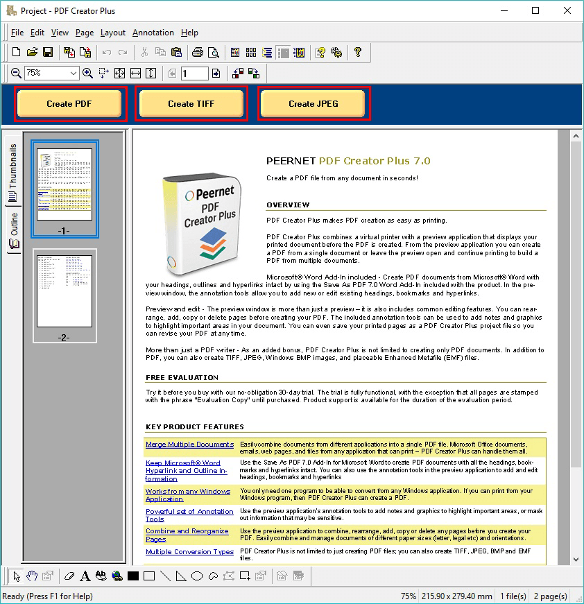 Easily create PDF, TIFF and Other Files from PDF Creator Plus ProjectsOne of the primary uses of PDF Creator Plus is to create searchable Adobe PDF documents (w