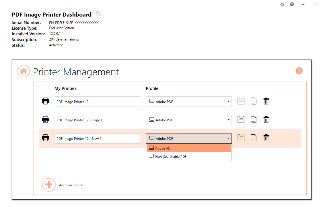 Manage PrintersQuickly manage your printer settings directly from the Dashboard. Printer Management allows users to change the default profile PDF Image Printer
