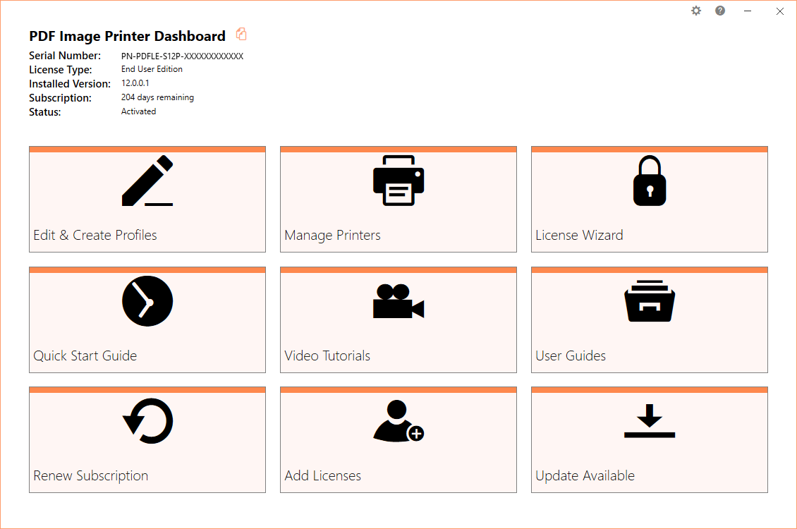PDF Image Printer DashboardThe PDF Image Printer Dashboard is the control center which brings all the tools for creating and editing profiles, managing printers
