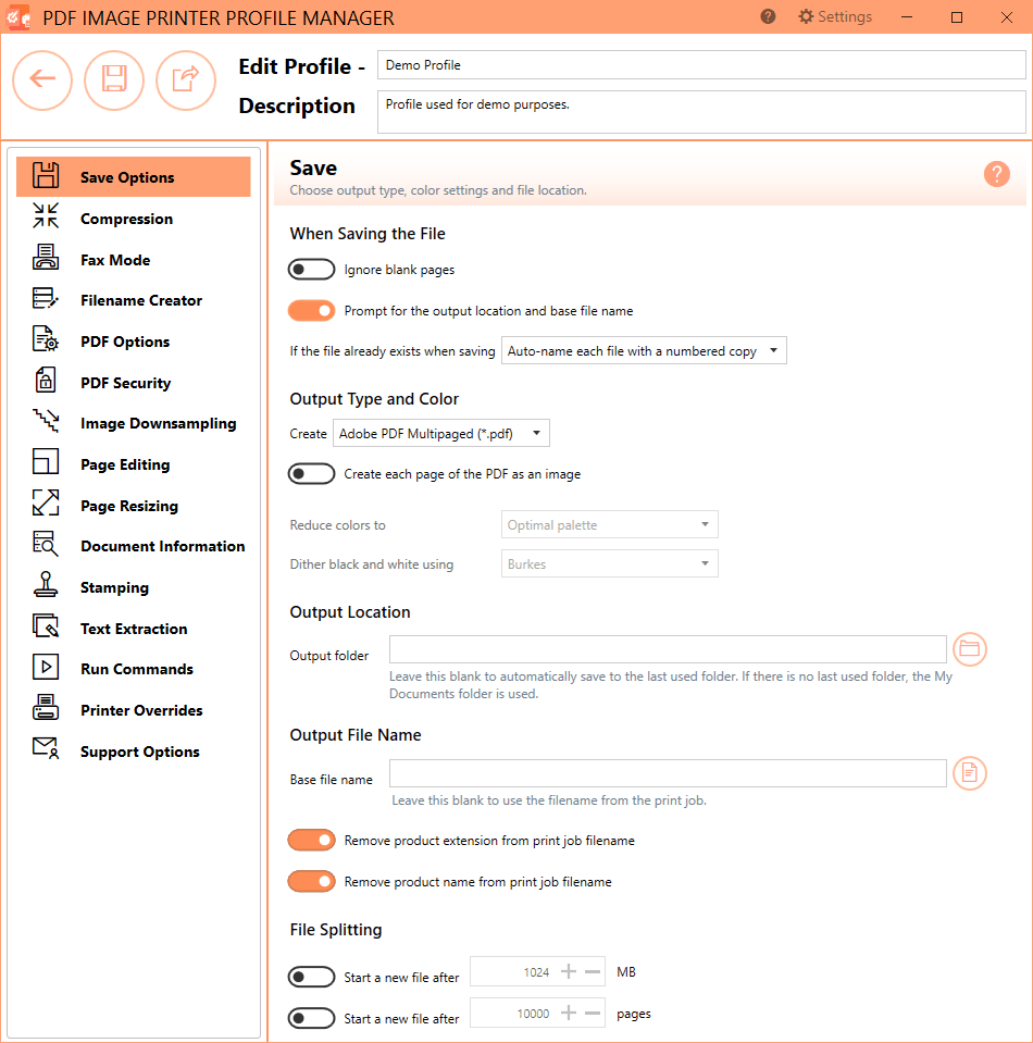 Save OptionsThe Save Options tab holds all of the most frequently used settings. On this tab you can choose output type, color settings and file location.