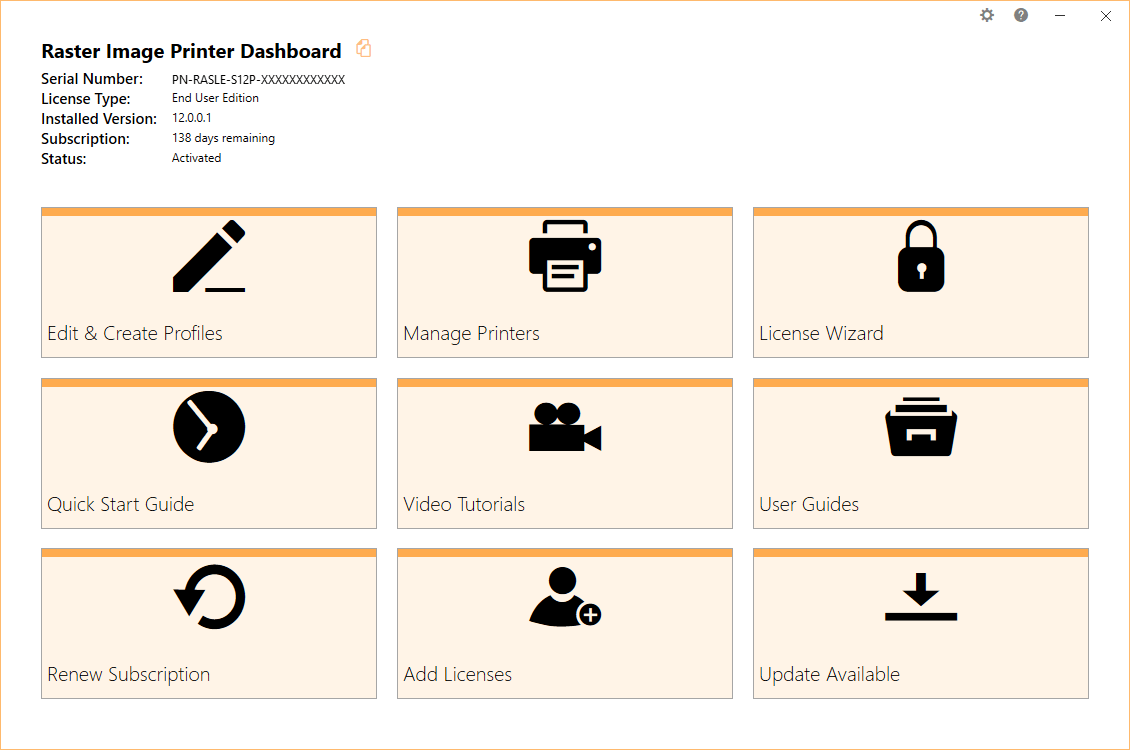 Raster Image Printer Dashboard The Raster Image Printer Dashboard is the control center which brings all the tools for creating and editing profiles, managing p
