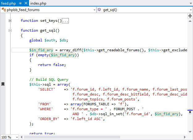 Visual Studio editing experience for PHP.