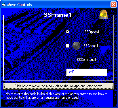 FrameThe SSFrame control emulates the standard Frame control, which enables a graphical and functional grouping of controls. SSFrame can additionally employ a t