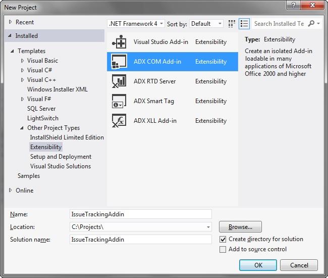 Project TemplatesAdd-in Express adds four basic solution templates to the New Project dialog to create all types of Office extension in one project.