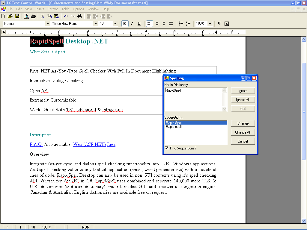 Screenshot of RapidSpell Thesaurus Desktop .NET