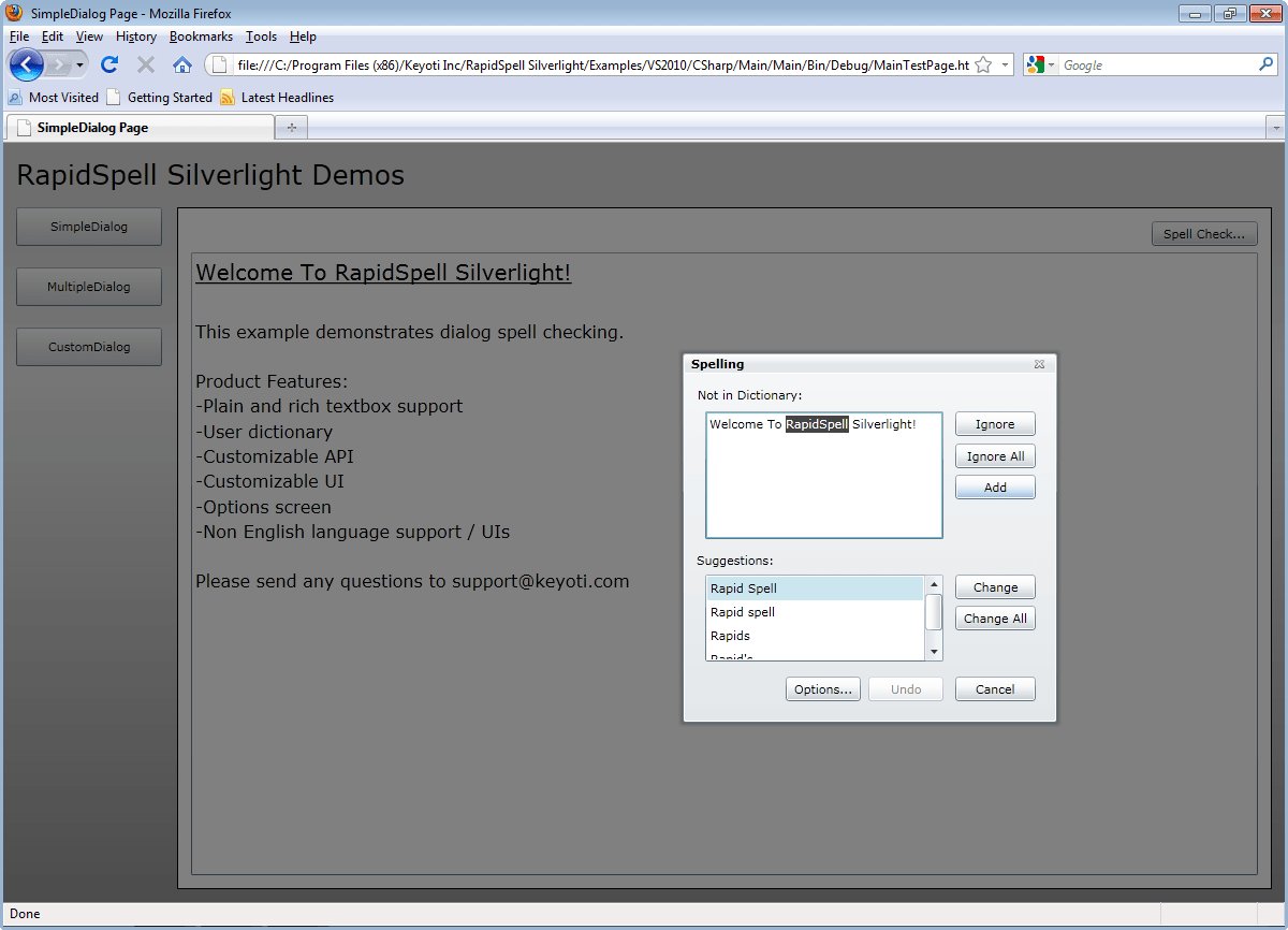 Screenshot of RapidSpell Silverlight
