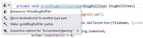 Inconsistent Method NamingReSharper detects that a method name doesn't respect accepted naming conventions and suggests renaming it to use UpperCamelCase.