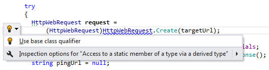 Inappropriate Static Member AccessReSharper detects access to a static member of a type via its derived type and suggests using base class qualifier instead.