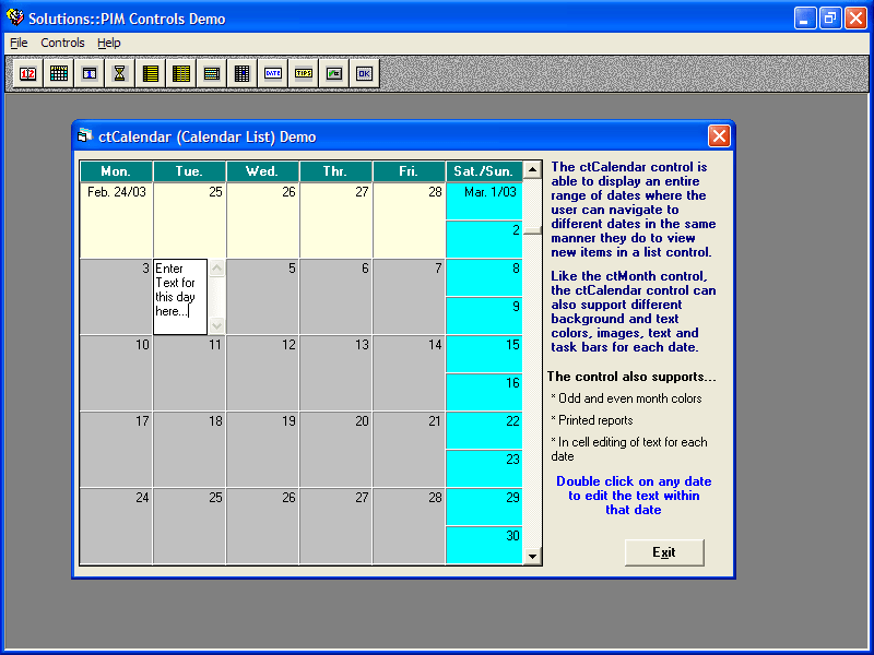CalendarctCalendar is a scrolling calendar control.