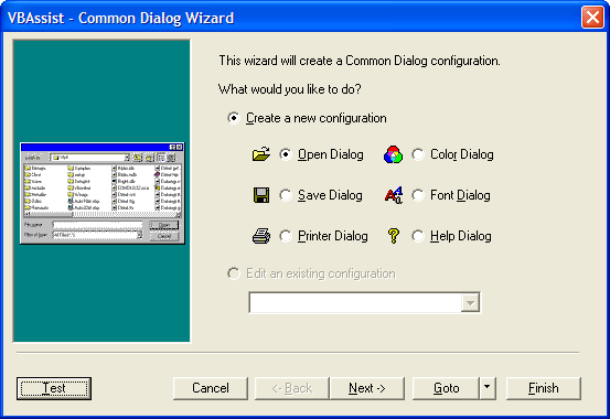Common Dialog WizardThe Common Dialog Wizard walks you through the creation of a common dialog, and automatically generates the necessary Visual Basic code.