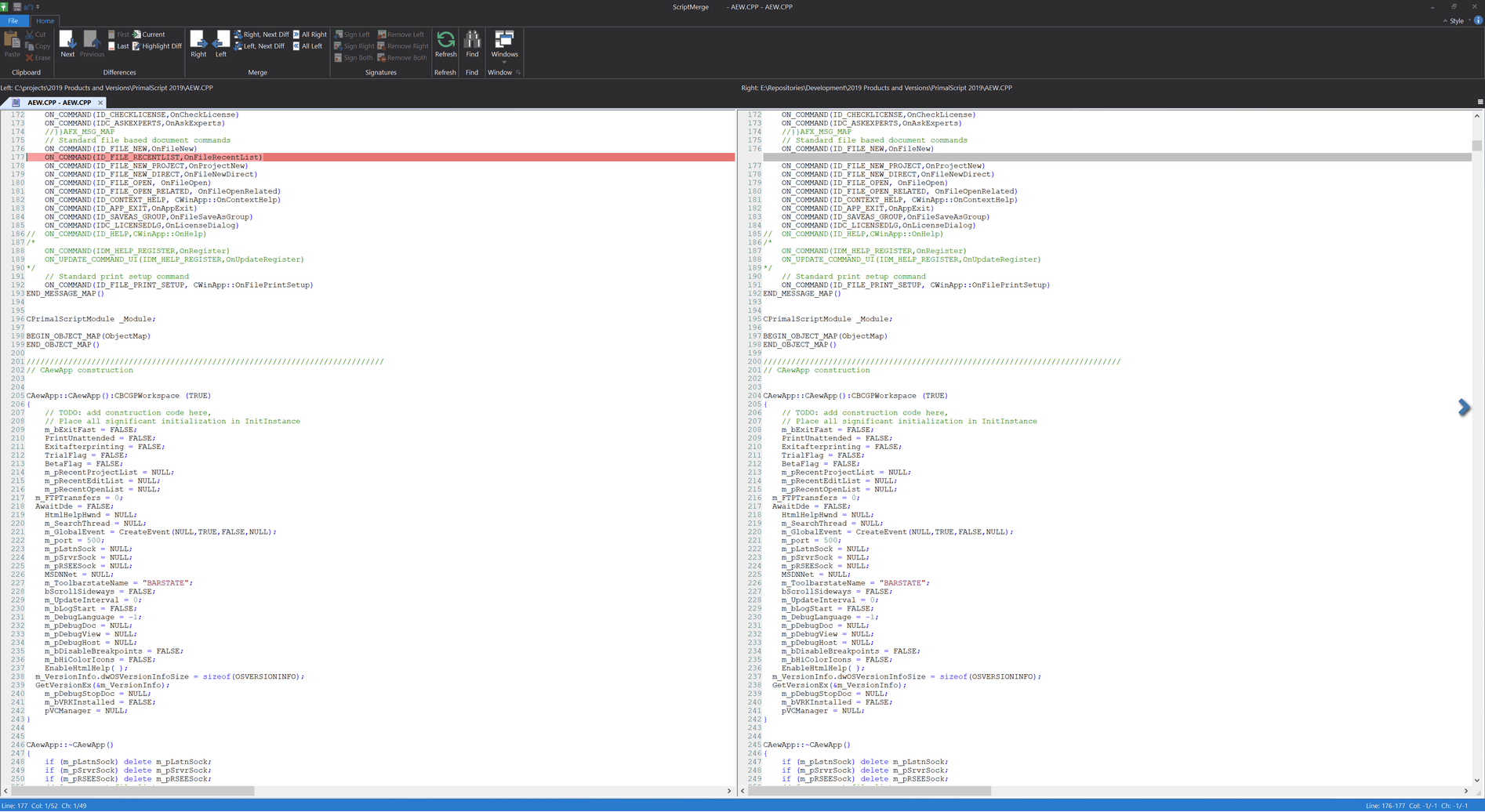 ScriptMerge provides syntax colored difference and merging