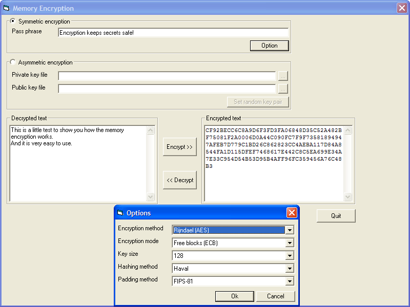 Encrypting and decrypting entirely in memoryEncrypting and decrypting entirely in memory requires five steps; Specify the encryption method to use; Specify the