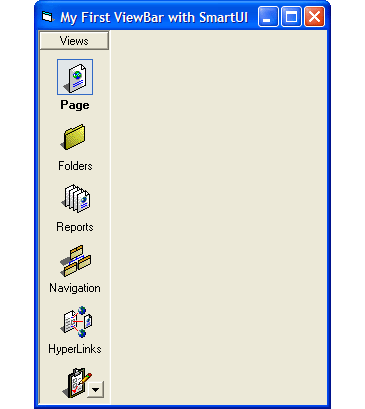 FrontPage ViewBarsMimic OutlookBars or ViewBars with the ViewBarButtonGroup which is a ViewBarCheck-type SmartItem.