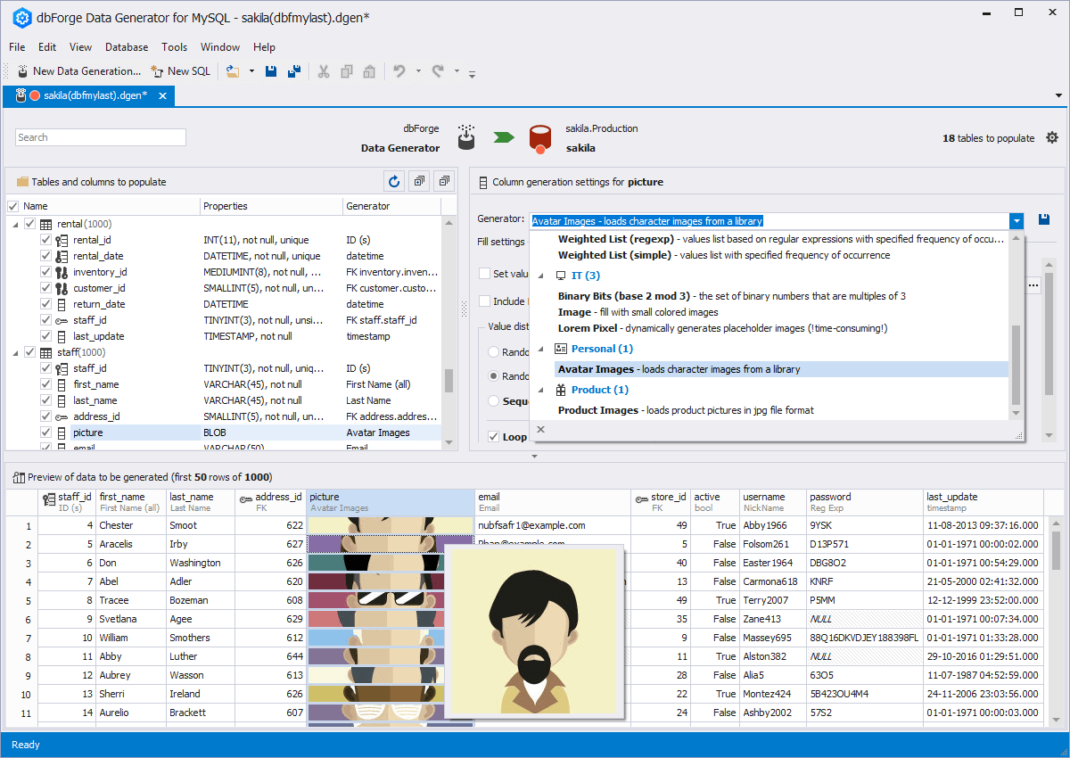 Screenshot of dbForge Data Generator for MySQL