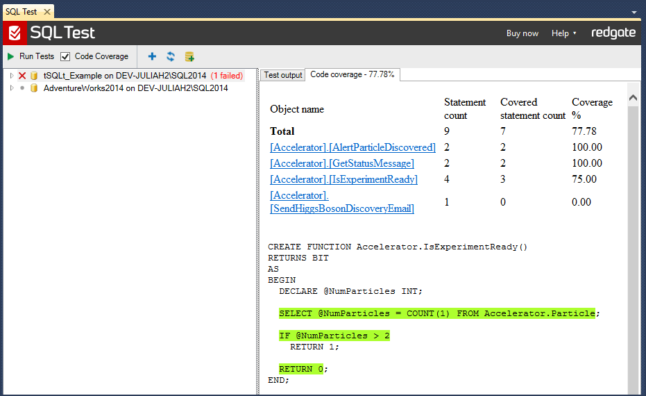 Test Coverage with SQL CoverTo enable code coverage on a series of tests, make sure the Code Coverage checkbox is checked before running the tests. The tab cont