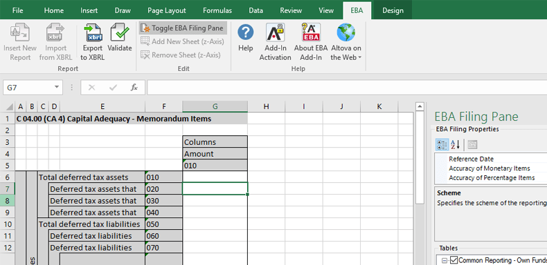 Altova European Banking Authority (EBA) XBRL add-in for Excel