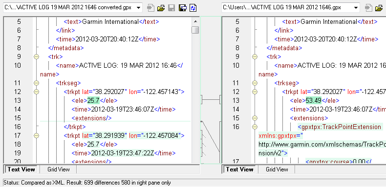 XML DifferencingWhen you select two XML files to compare, DiffDog opens them side-by-side and indicates differences with colored highlighting and connecting lin
