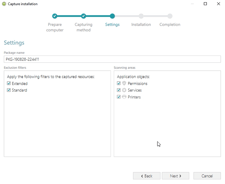Managing Snapshots SettingsControl which system areas and resources will be scanned, specify package name and source installation file.