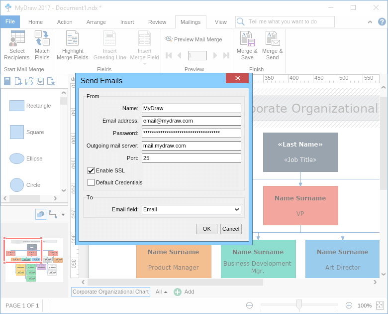 MyDraw comes with built-in mail merge functionality.