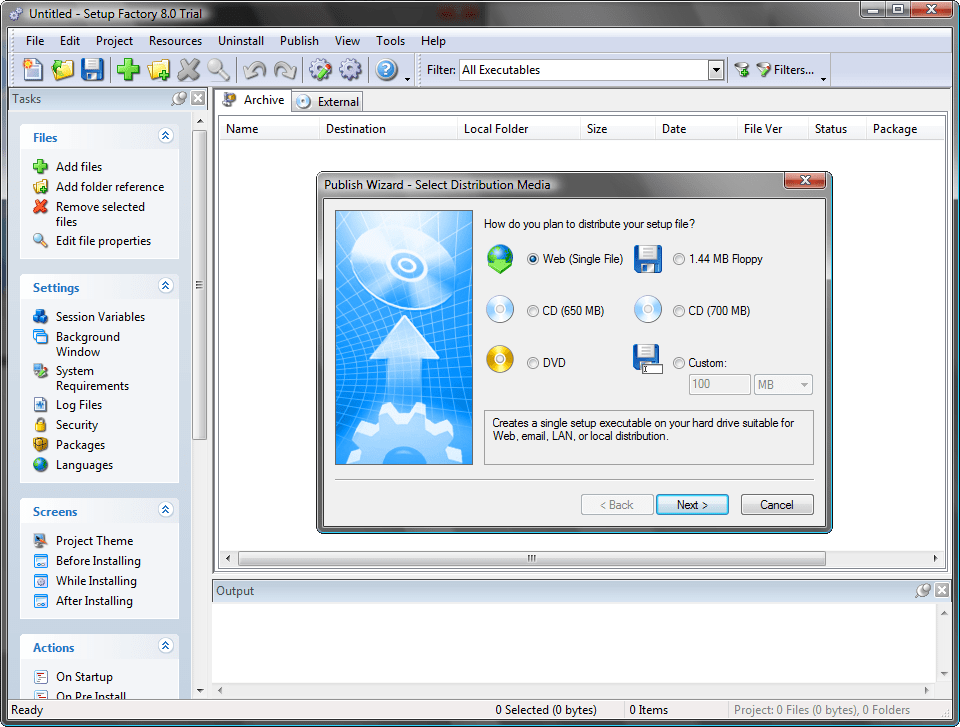Publishing WizardA Publishing Wizard walks you through the build process with a few easy steps. The single-file setup.exe is ready for distribution by web, emai