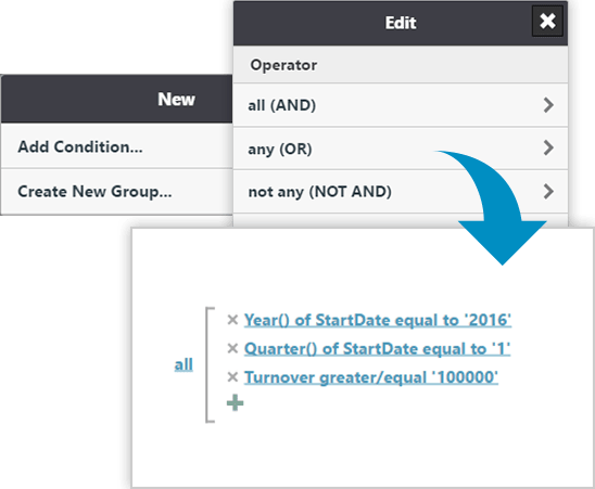 Query AssistantEasily create queries which can be converted into SQL queries with the Query Assistant - knowledge of SQL is not needed.