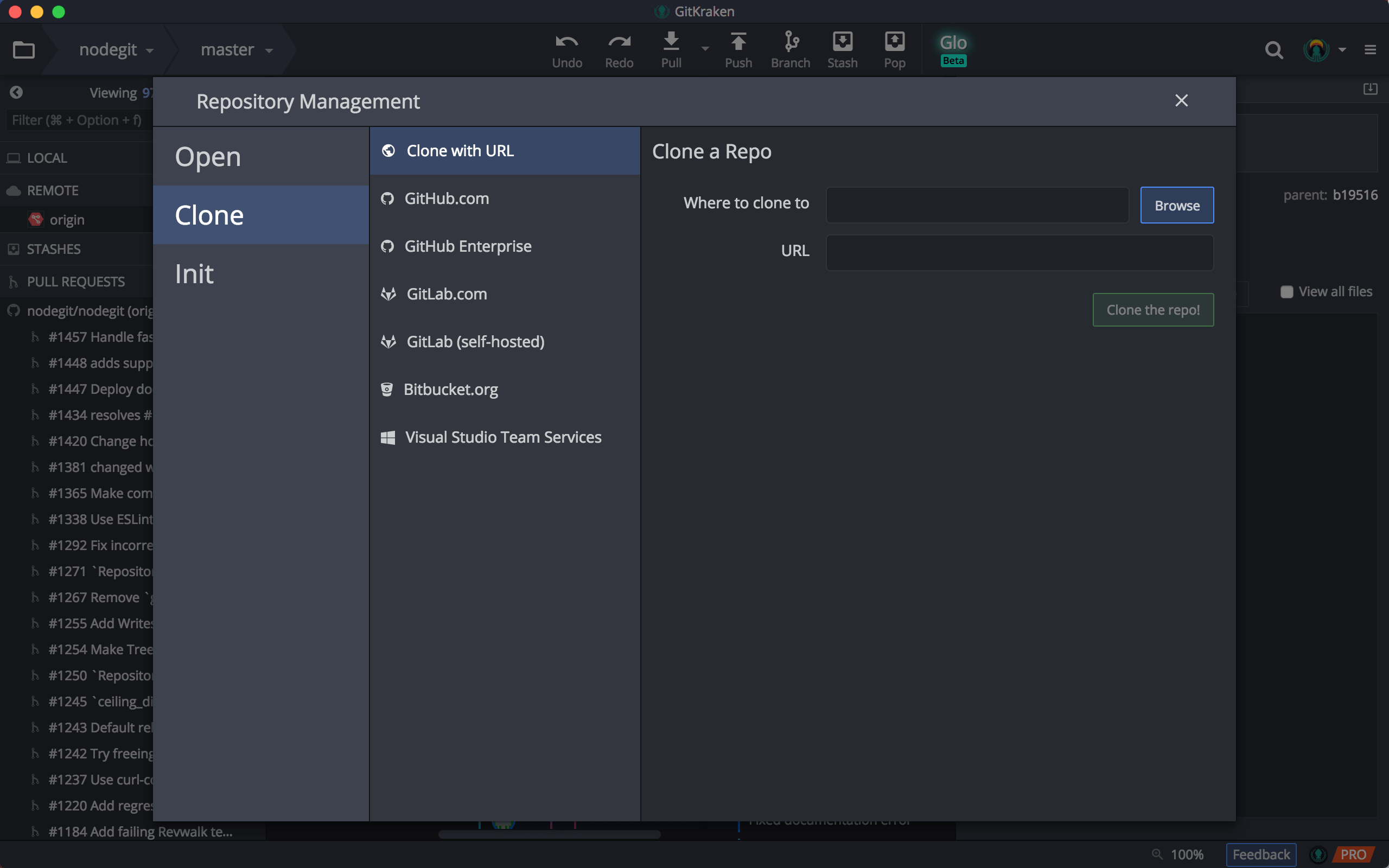 GitKraken Open, Clone, and Init