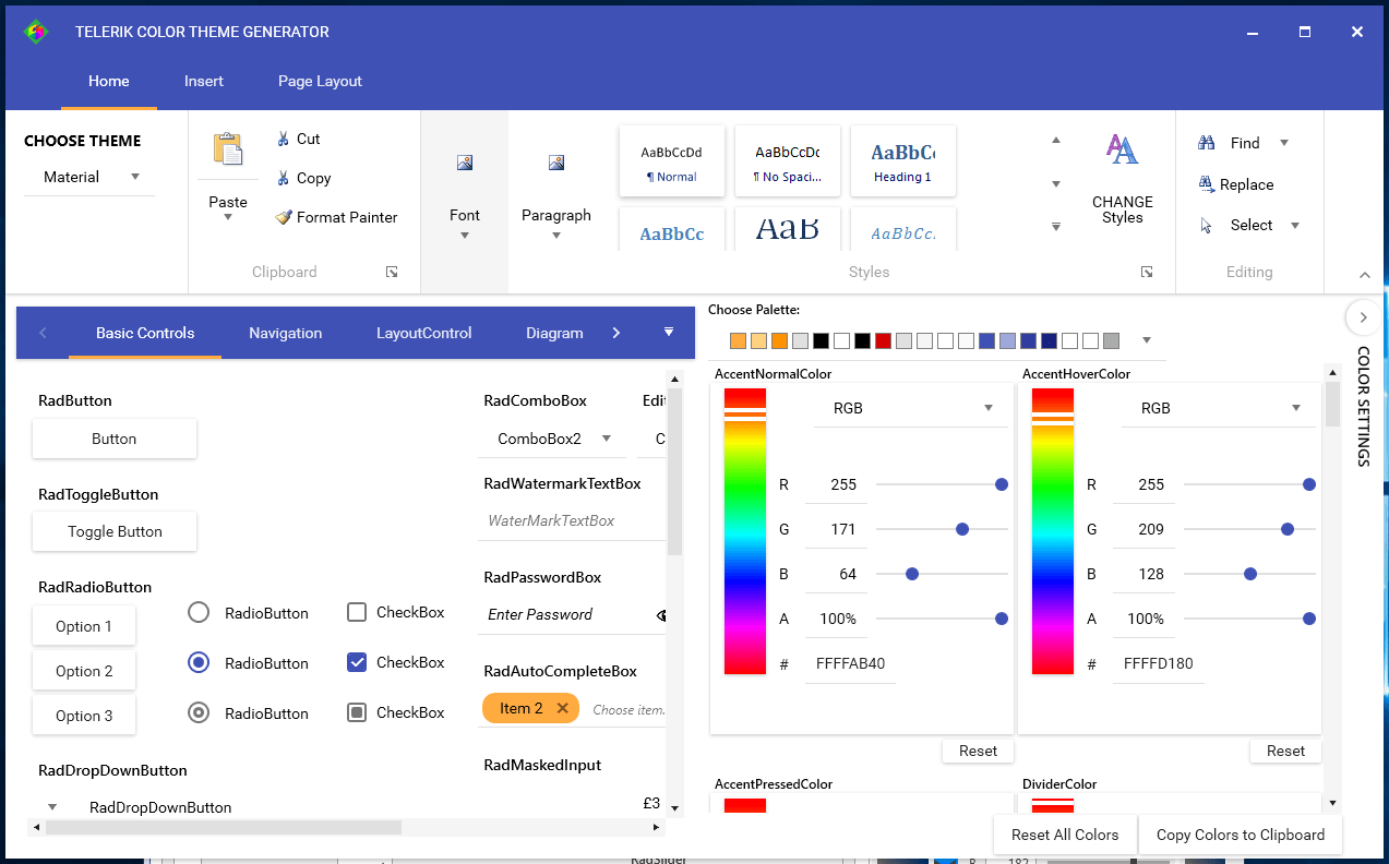 Telerik UI for WPF - Theme Generator - MaterialThe Theme Generator offers a range of customizable themes including Material.