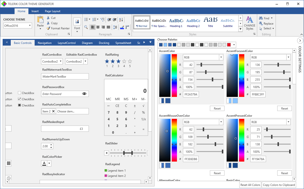 Telerik UI for WPF - Theme Generator - Office 2016The Theme Generator offers a range of customizable themes including Office 2016 style.