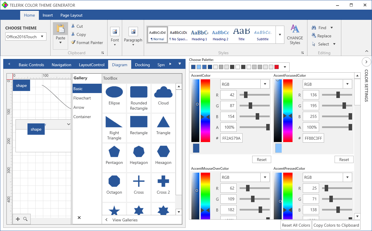 Telerik UI for WPF - Theme Generator - Office 2016 TouchThe Theme Generator offers a range of customizable themes including a touch optimized Office 2016 style.