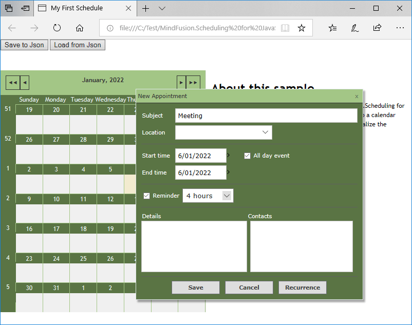 Screenshot of MindFusion.Scheduling for JavaScript