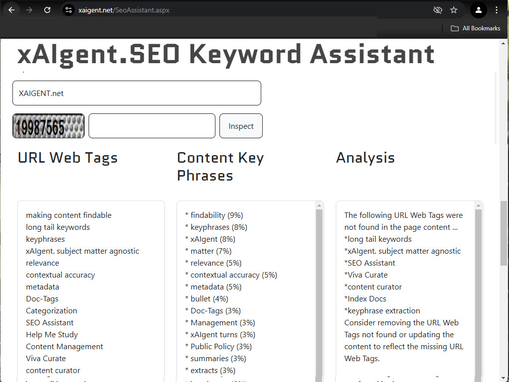 SEO Assistant Analyzes web content, compares key phrases to tags, and ranks their importance.