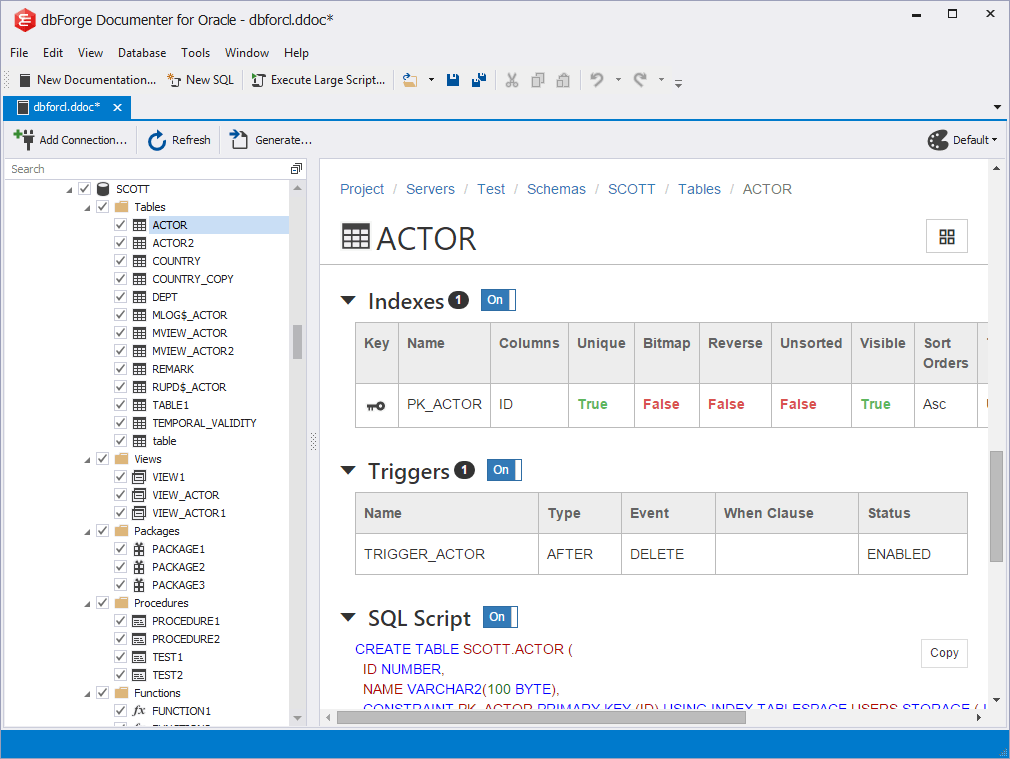 Screenshot of dbForge Documenter for Oracle