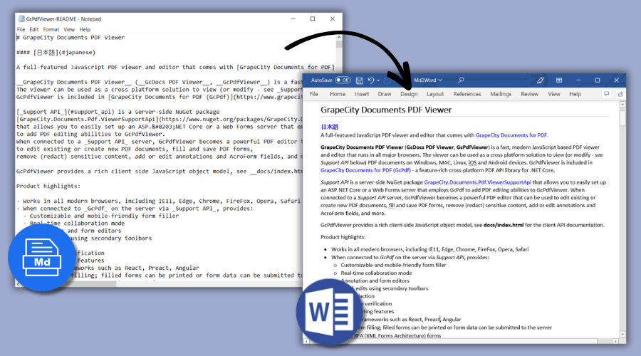 Convert Markdown (.md) to Word (.docx)Document Solutions for Word has full source code available to parse Markdown .md file using Markdig markdown processor (BS
