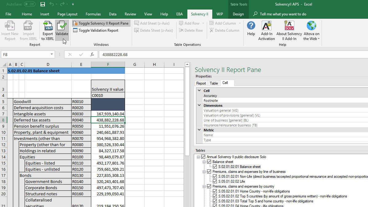 Screenshot of Altova EIOPA (Solvency II) XBRL add-in for Excel