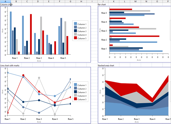 ChartsThe sample demonstrates the various charts that can be added to spreadsheets and bound to spreadsheet data.