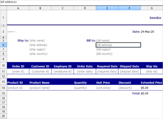 Invoice TemplateThe spreadsheet represents an interactive invoice that can be filled out and printed.