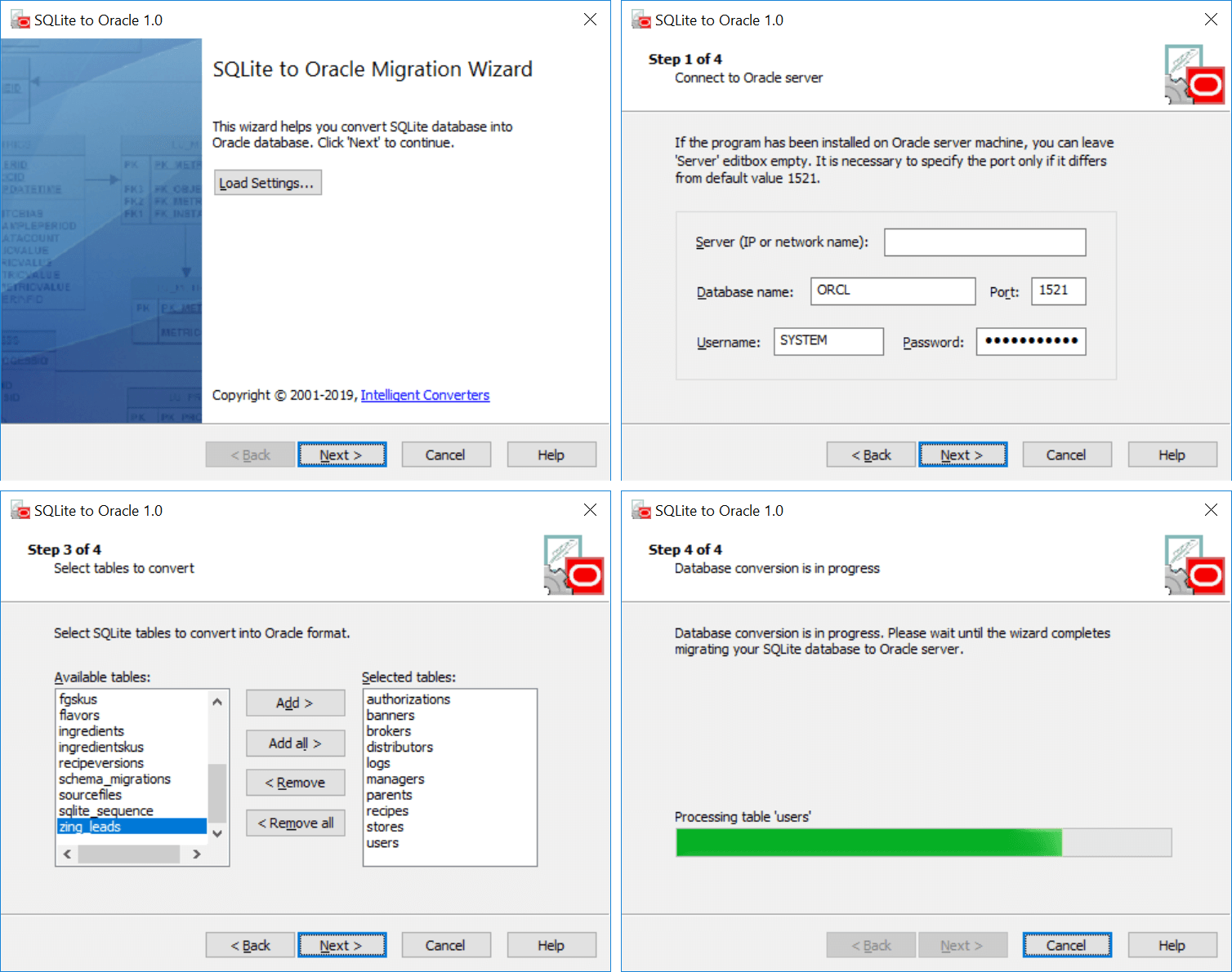 Screenshot of SQLite to Oracle