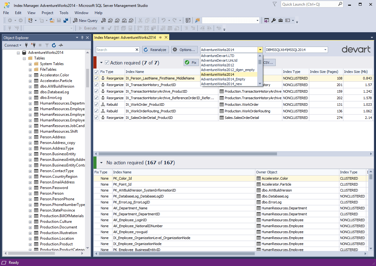 Screenshot of dbForge Index Manager