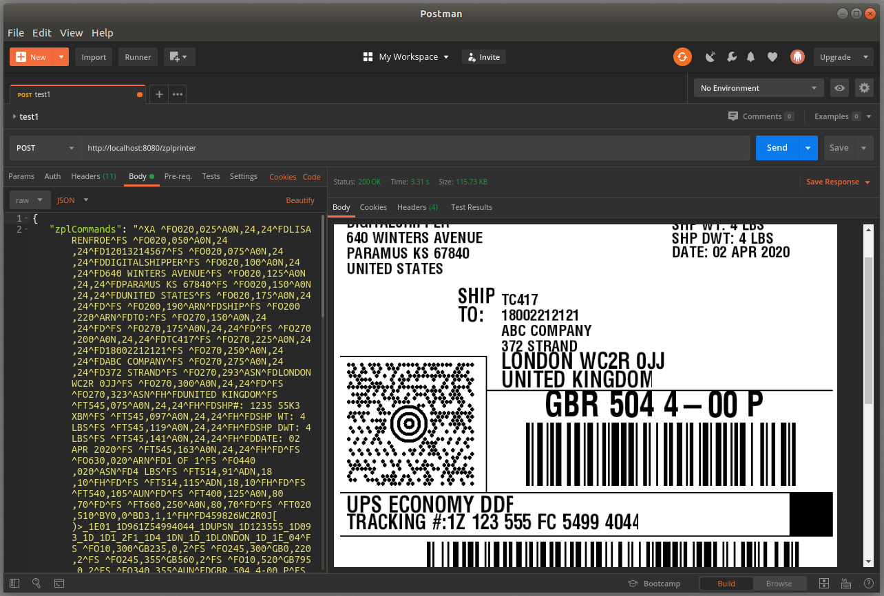 Screenshot of Neodynamic ZPLPrinter Web API for Docker