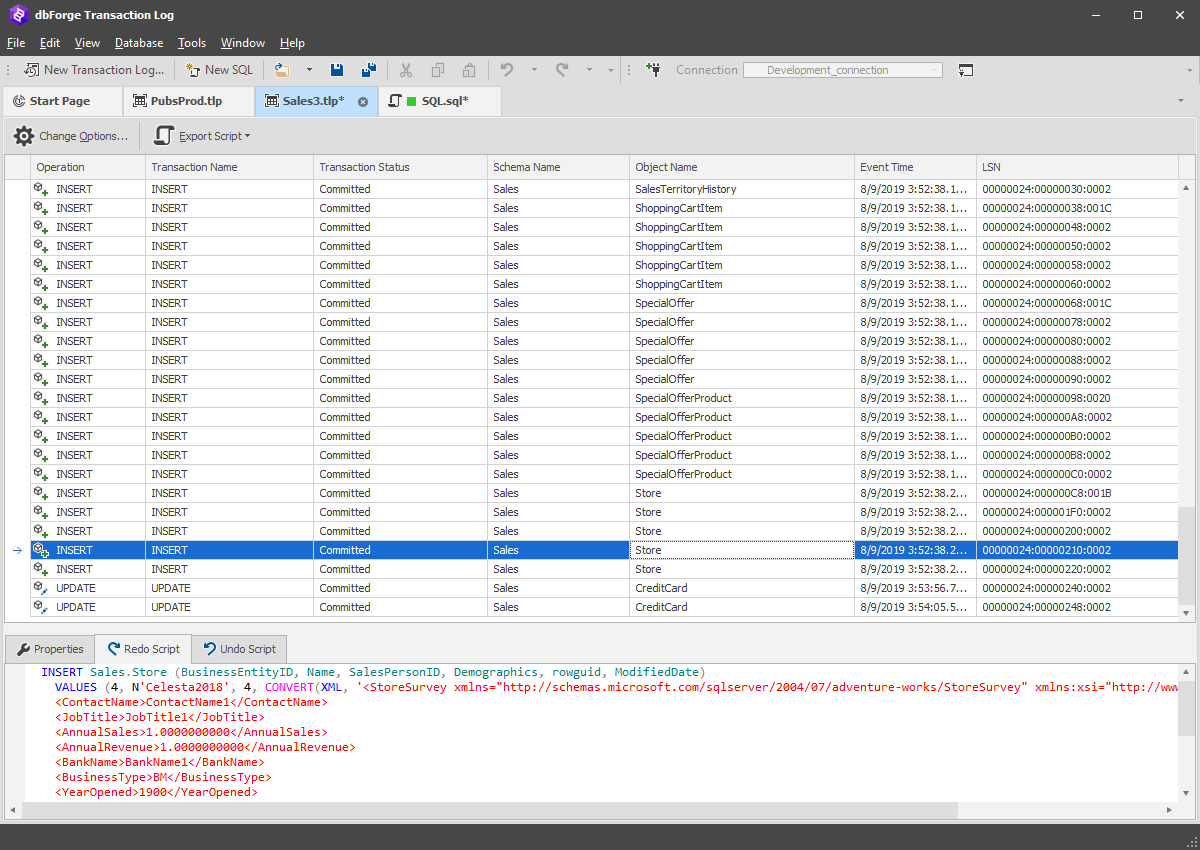 Screenshot of dbForge Transaction Log