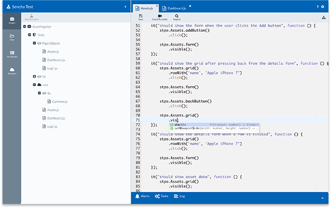 Sencha Test StudioTest Studio allows you to create tests directly in Sencha Test, or code in a separate IDE, and execute the test immediately.