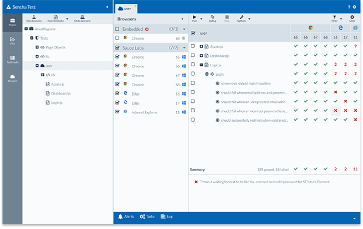 Sencha Test RunnerUsing Test Runner, you can run selected unit and functional tests on any or all of the browsers on a local machine, a connected mobile device,