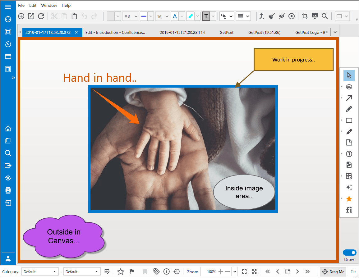 The Virtual Canvas enables users to annotate anywhereAdd text and graphical elements on the image as well as outside the image. No need to expand the canvas to