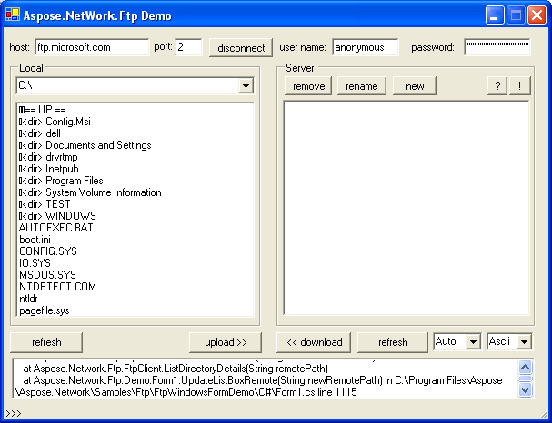 FTPAspose.Network supports Active and Passive FTP connection modes, data transfer in ASCII & Binary modes and more.
