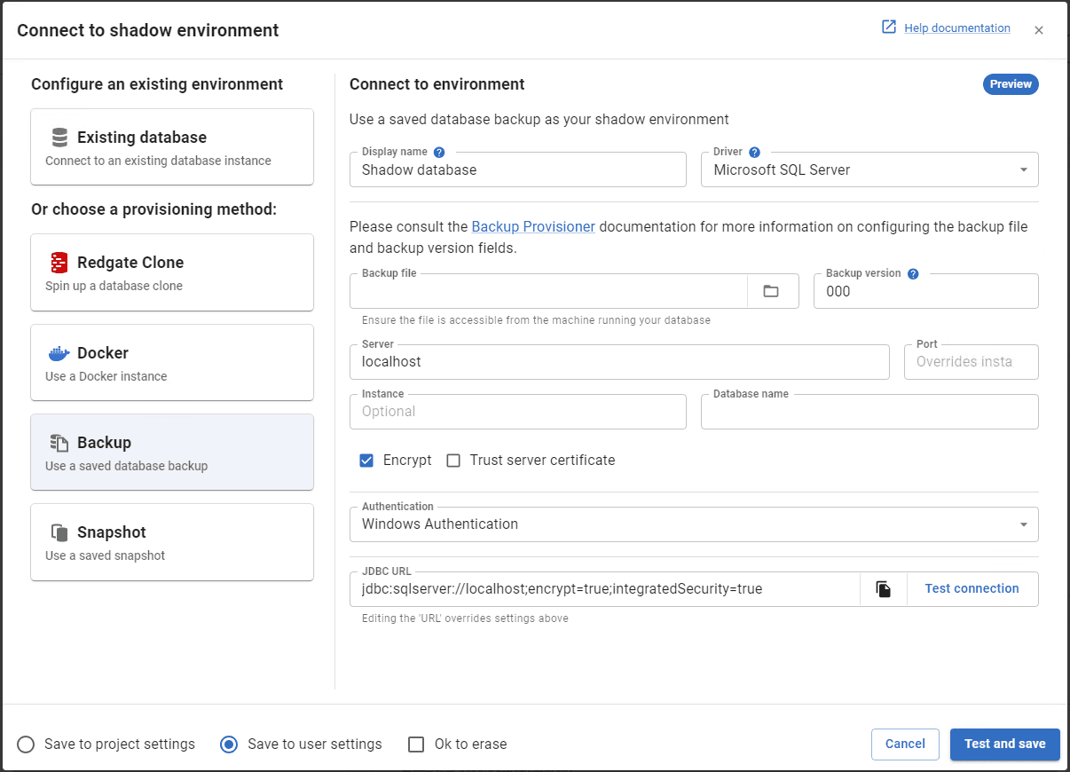 Database connection dialog