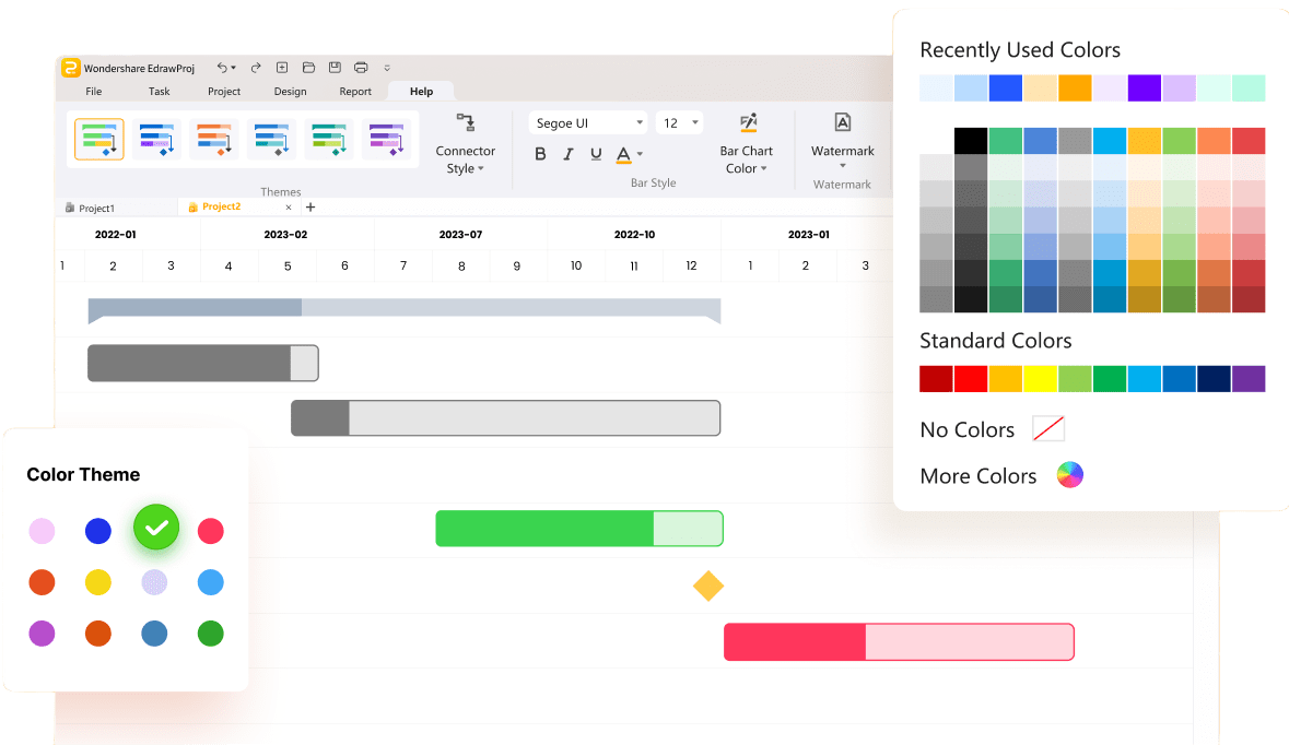Design a Unique Gantt ChartTrack the status of each project through their colors. Coloring tools in EdrawProj make it easy to distinguish project status, with g