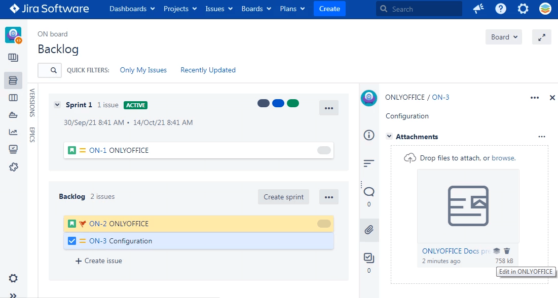 Screenshot of ONLYOFFICE Docs Enterprise Edition with Jira Connector