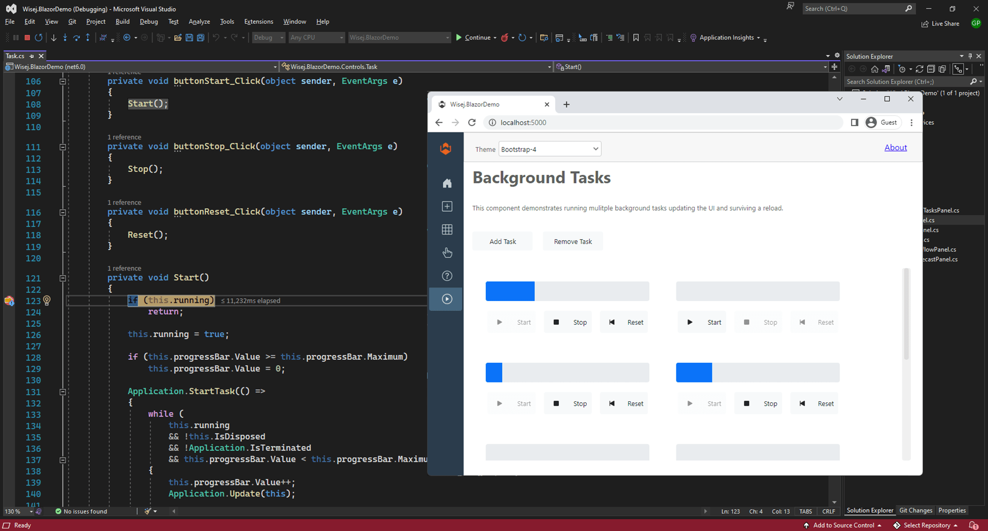 Live DebuggingWisej.NET can debug live any aspect of the web system: background tasks, events, UI code, modal workflow. Includes full support for hot reload (ed